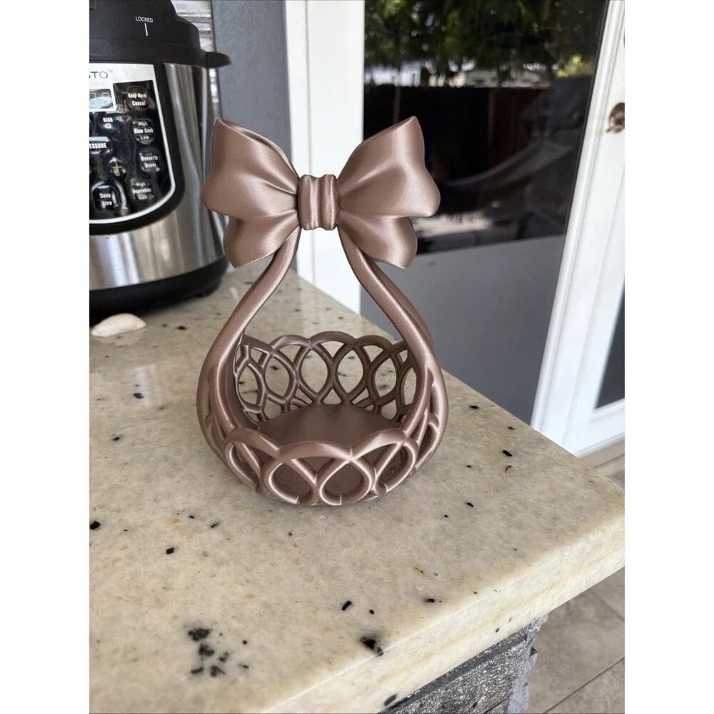 Decorative Bronze Plastic Basket with Bow Ribbon Accent Elegant Home Decor